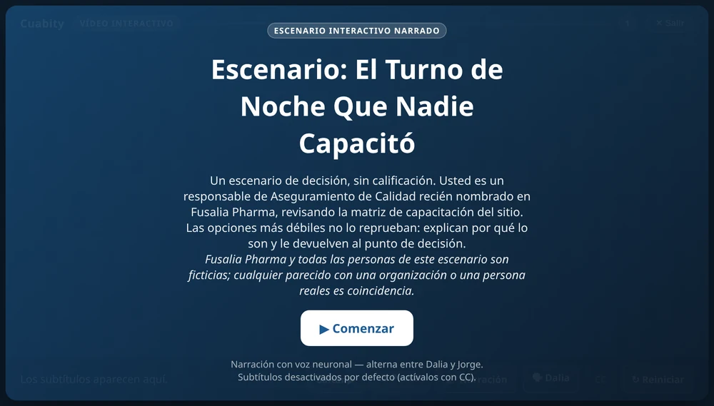La pantalla de inicio del escenario de decisión narrado del mismo curso, «El Turno de Noche Que Nadie Capacitó», con su botón de inicio.