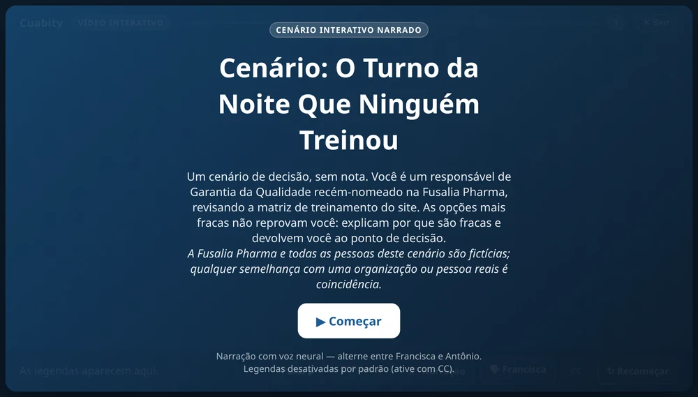 A tela inicial do cenário de decisão narrado do mesmo curso, «O Turno da Noite Que Ninguém Treinou», com seu botão de início.