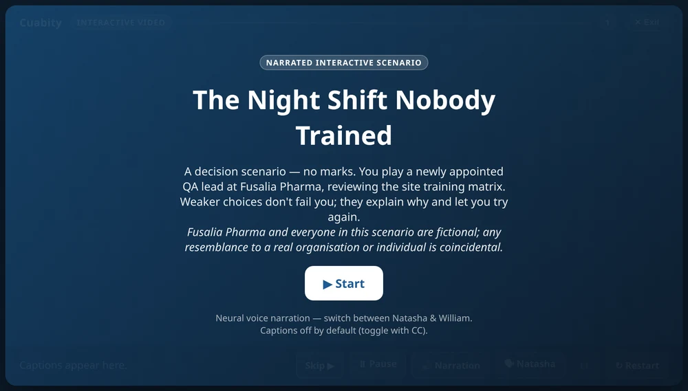 The start screen of the same course's narrated interactive decision scenario, 'The Night Shift Nobody Trained', with its Start button.